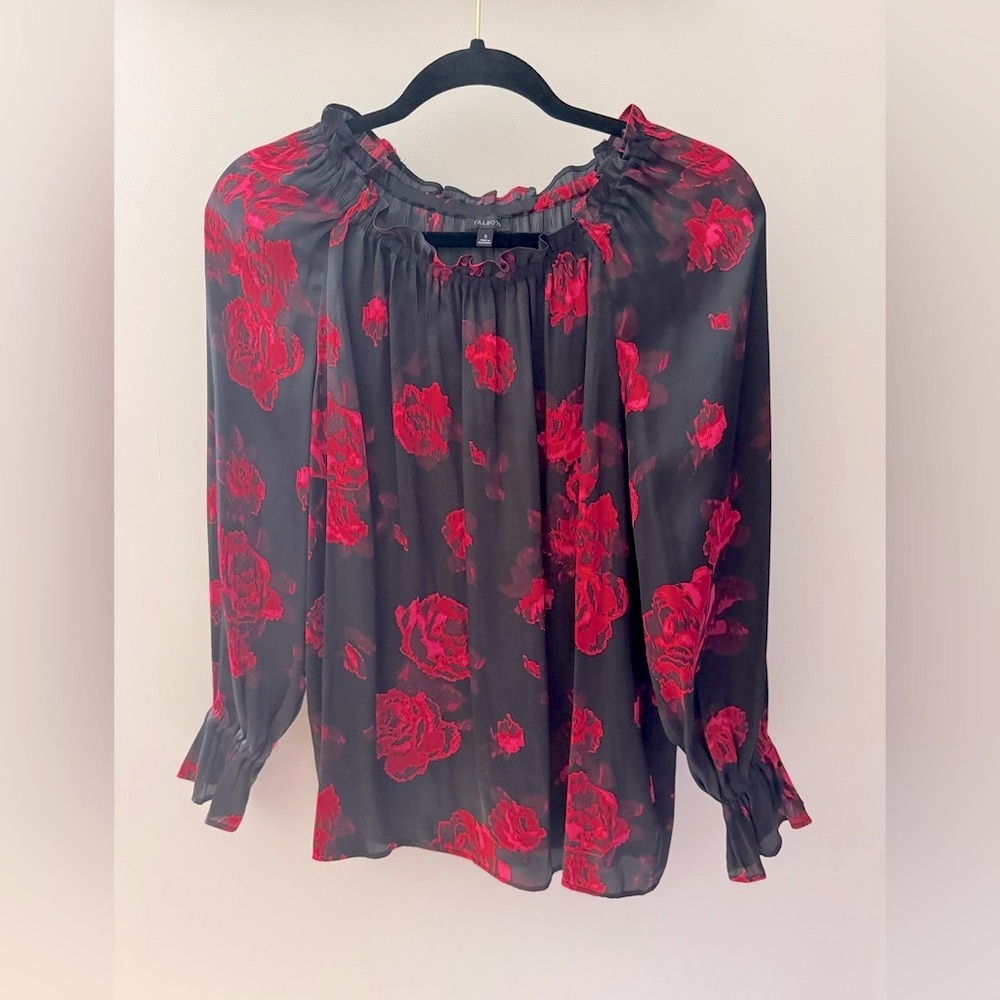Talbots Romantic Black & Pink Dark Floral Rose Ruffle Neck Peasant Top Sz S